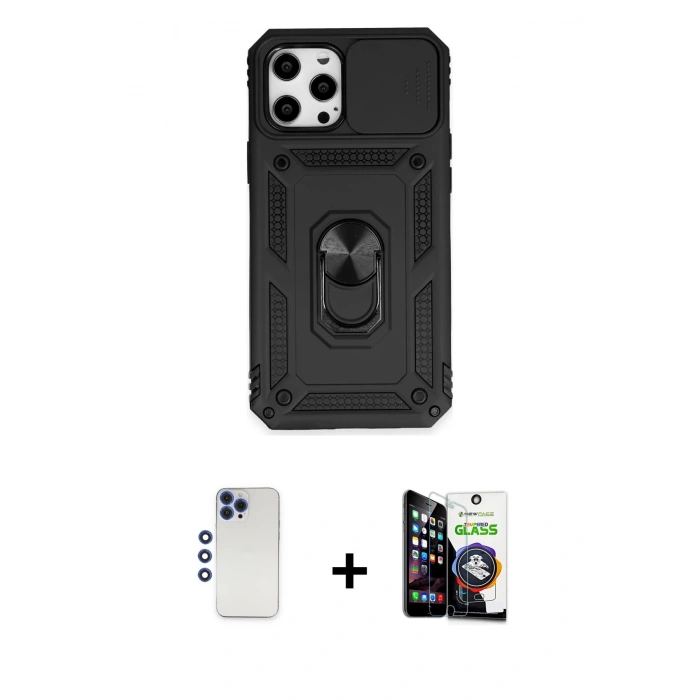 MARSİLYAN™- iPhone 12 Pro Max Kılıf Ahenk Klasik - Şeffaf Temperli Cam Ekran Koruyucu + Shine Kamera Lens - LT