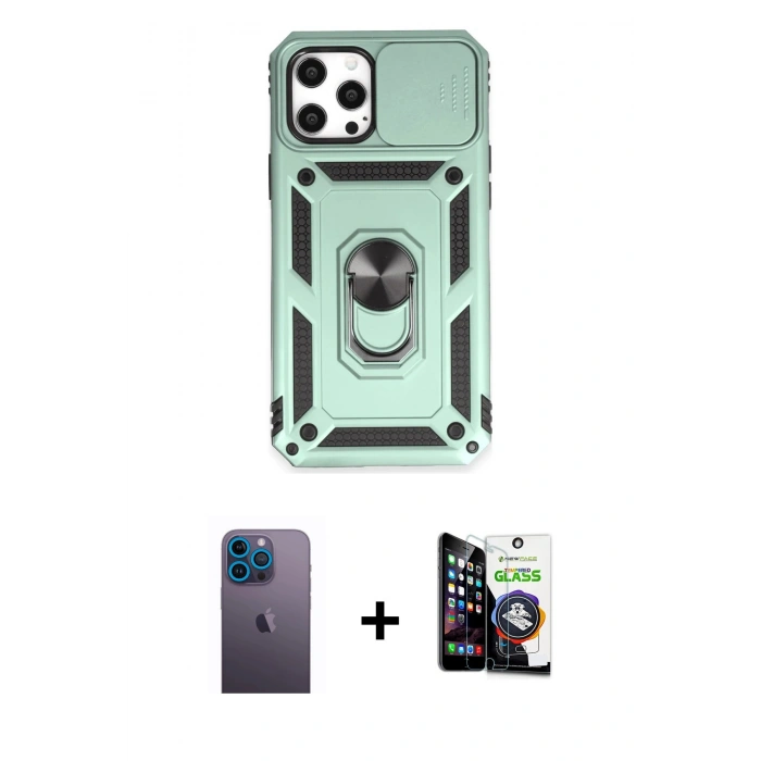 MARSİLYAN™- iPhone 12 Pro Max Kılıf Ahenk Klasik - Şeffaf Temperli Cam Ekran Koruyucu + Neon Fosforlu Kamera Lens - MI