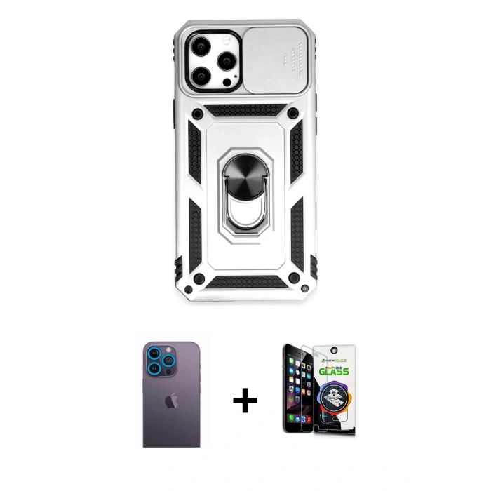 MARSİLYAN™- iPhone 12 Pro Max Kılıf Ahenk Klasik - Şeffaf Temperli Cam Ekran Koruyucu + Neon Fosforlu Kamera Lens - MI