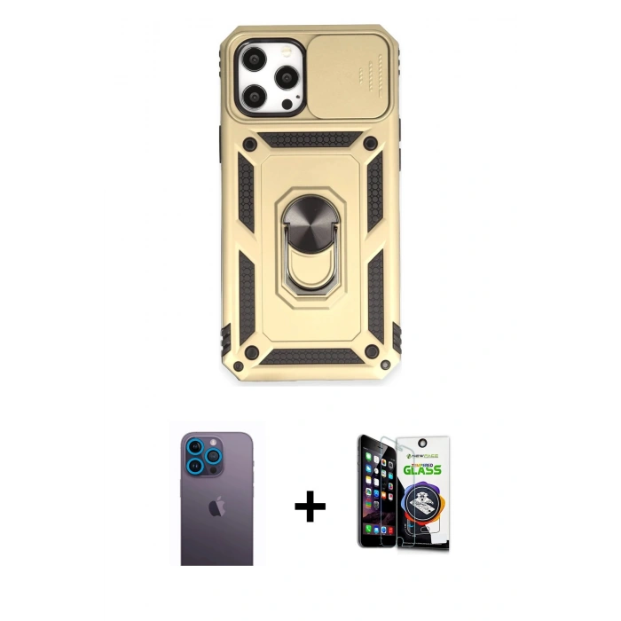 MARSİLYAN™- iPhone 12 Pro Max Kılıf Ahenk Klasik - Şeffaf Temperli Cam Ekran Koruyucu + Neon Fosforlu Kamera Lens - MI