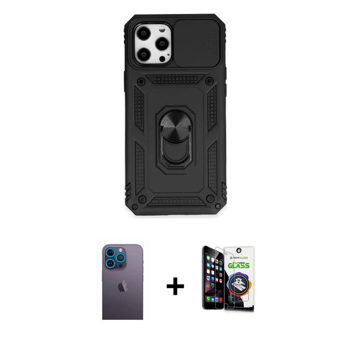 MARSİLYAN™- iPhone 12 Pro Max Kılıf Ahenk Klasik - Şeffaf Temperli Cam Ekran Koruyucu + Neon Fosforlu Kamera Lens - MI
