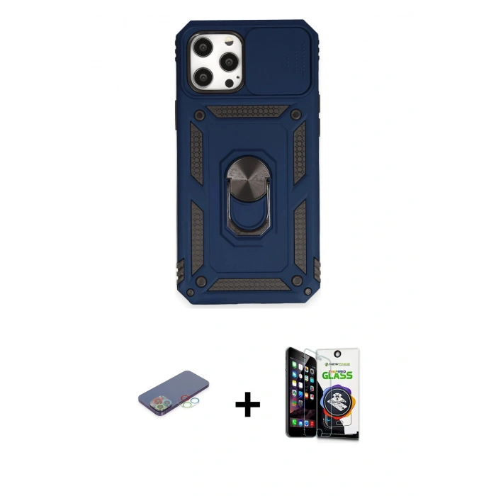 MARSİLYAN™- iPhone 12 Pro Max Kılıf Ahenk Klasik - Şeffaf Temperli Cam Ekran Koruyucu + Renkli Kamera Lens Koruma Cam - MI