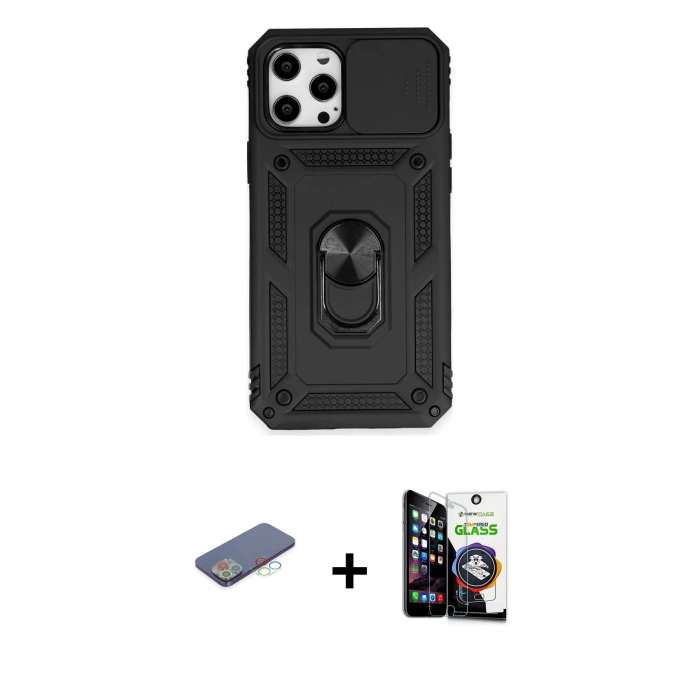 MARSİLYAN™- iPhone 12 Pro Max Kılıf Ahenk Klasik - Şeffaf Temperli Cam Ekran Koruyucu + Renkli Kamera Lens Koruma Cam - MI