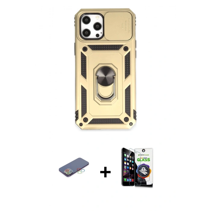 MARSİLYAN™- iPhone 12 Pro Max Kılıf Ahenk Klasik - Şeffaf Temperli Cam Ekran Koruyucu + Renkli Kamera Lens Koruma Cam - MI