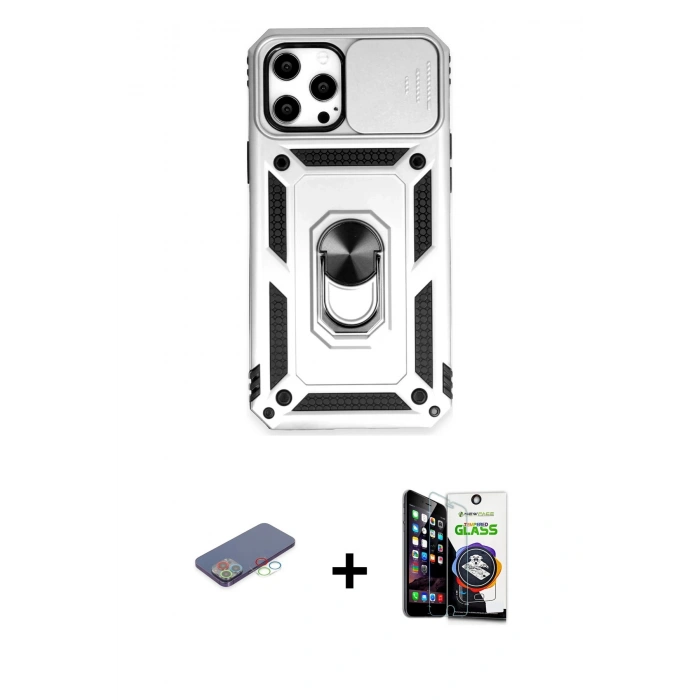 MARSİLYAN™- iPhone 12 Pro Max Kılıf Ahenk Klasik - Şeffaf Temperli Cam Ekran Koruyucu + Renkli Kamera Lens Koruma Cam - MI
