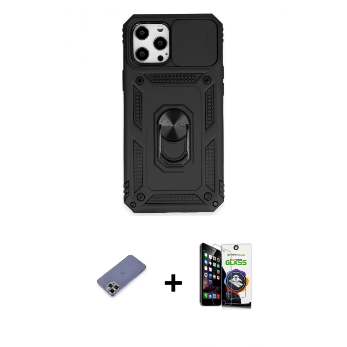 MARSİLYAN™- iPhone 12 Pro Max Kılıf Ahenk Klasik - Şeffaf Temperli Cam Ekran Koruyucu + Metal Kamera Lens Koruma Cam - GD