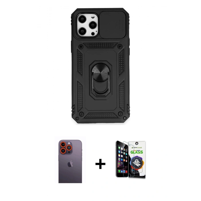 MARSİLYAN™- iPhone 12 Pro Max Kılıf Ahenk Klasik - Şeffaf Temperli Cam Ekran Koruyucu + Neon Fosforlu Kamera Lens - TU