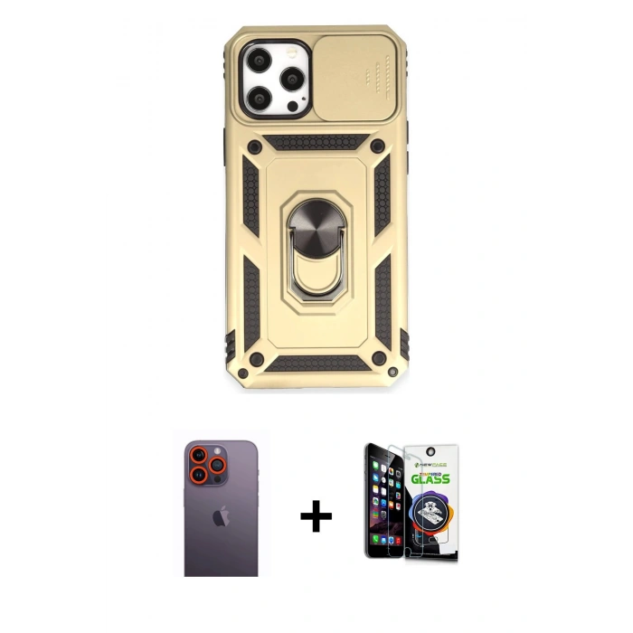 MARSİLYAN™- iPhone 12 Pro Max Kılıf Ahenk Klasik - Şeffaf Temperli Cam Ekran Koruyucu + Neon Fosforlu Kamera Lens - TU