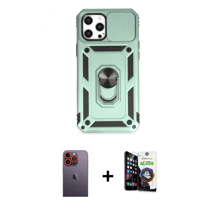 MARSİLYAN™- iPhone 12 Pro Max Kılıf Ahenk Klasik - Şeffaf Temperli Cam Ekran Koruyucu + Neon Fosforlu Kamera Lens - TU