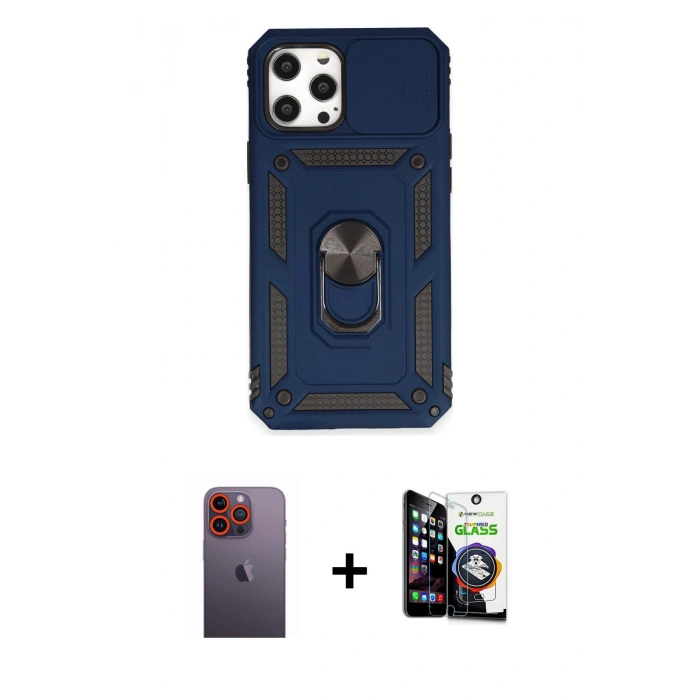 MARSİLYAN™- iPhone 12 Pro Max Kılıf Ahenk Klasik - Şeffaf Temperli Cam Ekran Koruyucu + Neon Fosforlu Kamera Lens - TU