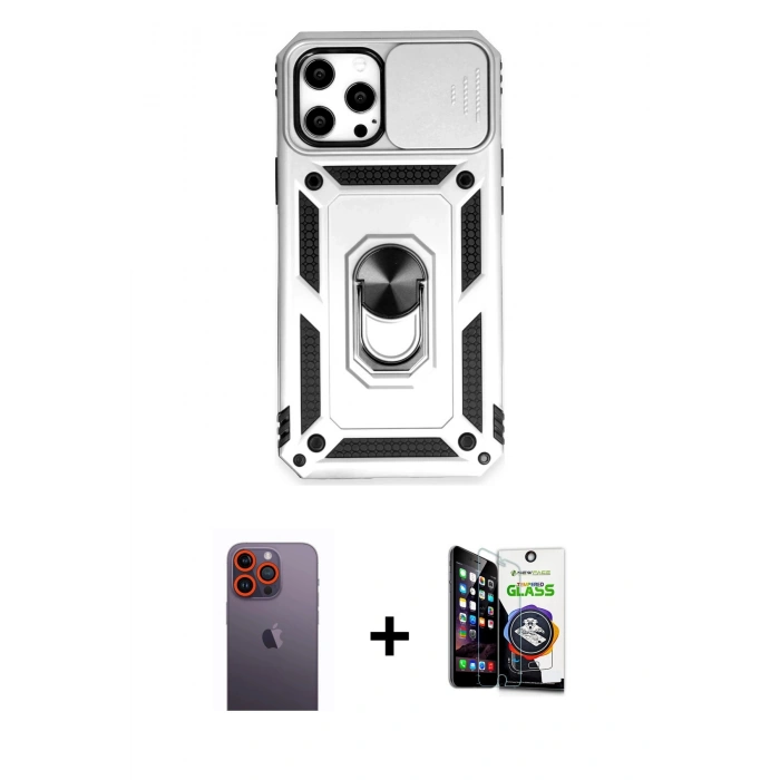 MARSİLYAN™- iPhone 12 Pro Max Kılıf Ahenk Klasik - Şeffaf Temperli Cam Ekran Koruyucu + Neon Fosforlu Kamera Lens - TU