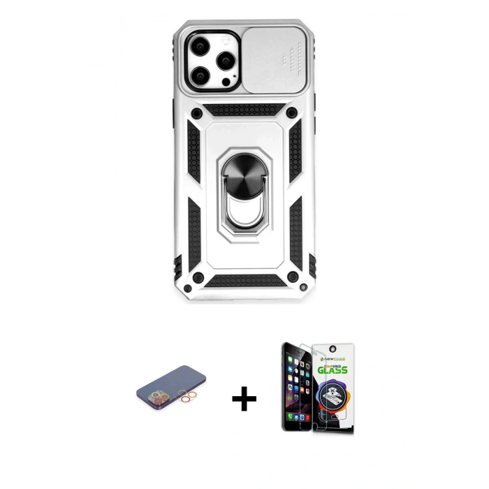 MARSİLYAN™- iPhone 12 Pro Max Kılıf Ahenk Klasik - Şeffaf Temperli Cam Ekran Koruyucu + Renkli Kamera Lens Koruma Cam - TU