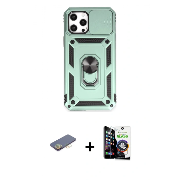 MARSİLYAN™- iPhone 12 Pro Max Kılıf Ahenk Klasik - Şeffaf Temperli Cam Ekran Koruyucu + Renkli Kamera Lens Koruma Cam - SI