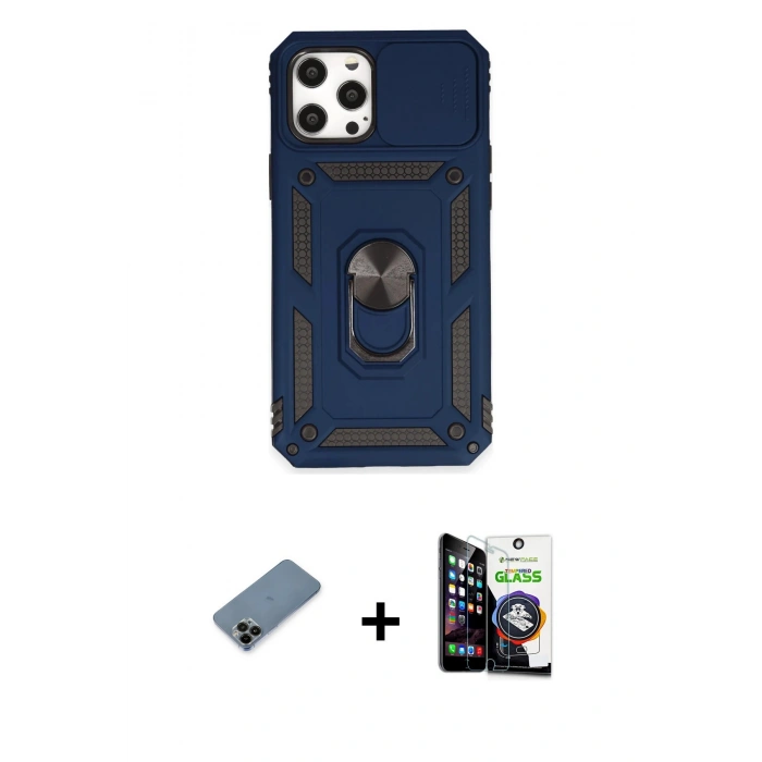 MARSİLYAN™- iPhone 12 Pro Max Kılıf Ahenk Klasik - Şeffaf Temperli Cam Ekran Koruyucu + Shine Kamera Lens Koruma Cam - SH