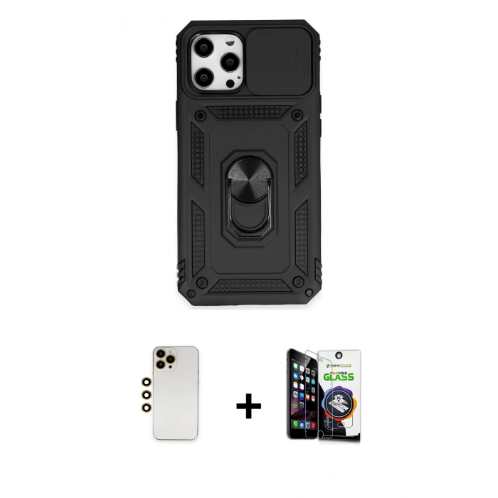 MARSİLYAN™- iPhone 12 Pro Max Kılıf Ahenk Klasik - Şeffaf Temperli Cam Ekran Koruyucu + Shine Kamera Lens - GD
