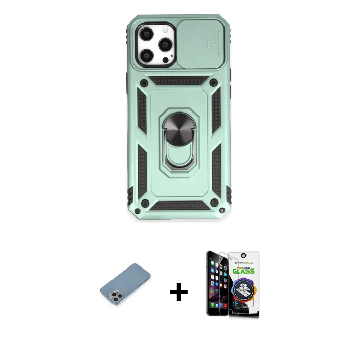 MARSİLYAN™- iPhone 12 Pro Max Kılıf Ahenk Klasik - Şeffaf Temperli Cam Ekran Koruyucu + Shine Kamera Lens Koruma Cam - GI