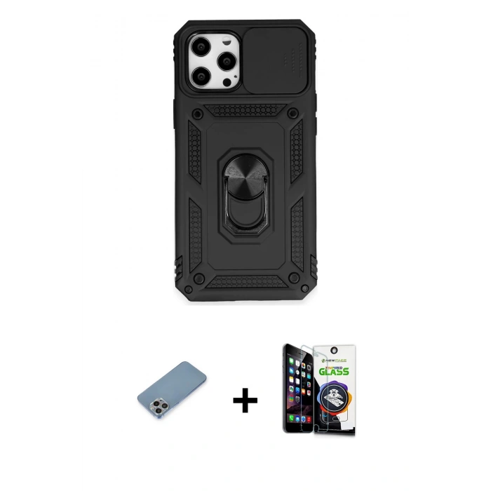 MARSİLYAN™- iPhone 12 Pro Max Kılıf Ahenk Klasik - Şeffaf Temperli Cam Ekran Koruyucu + Shine Kamera Lens Koruma Cam - GI