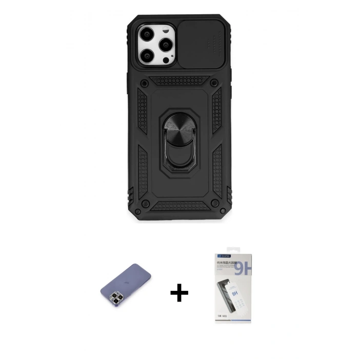 MARSİLYAN™- iPhone 12 Pro Max Kılıf Ahenk Klasik - Şeffaf Uv Polymer Nano Ekran Koruyucu + Metal Kamera Lens Koruma Cam - GD