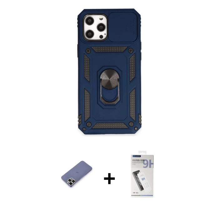 MARSİLYAN™- iPhone 12 Pro Max Kılıf Ahenk Klasik - Şeffaf Uv Polymer Nano Ekran Koruyucu + Metal Kamera Lens Koruma Cam - GD
