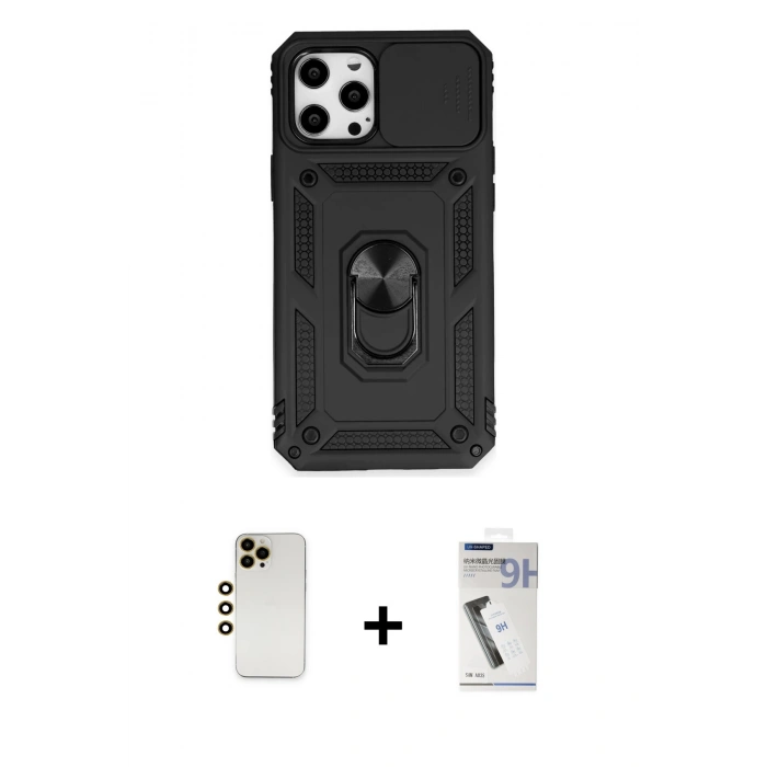 MARSİLYAN™- iPhone 12 Pro Max Kılıf Ahenk Klasik - Şeffaf Uv Polymer Nano Ekran Koruyucu + Gold Shine Kamera Lens