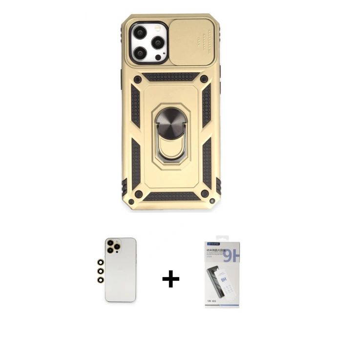 MARSİLYAN™- iPhone 12 Pro Max Kılıf Ahenk Klasik - Şeffaf Uv Polymer Nano Ekran Koruyucu + Gold Shine Kamera Lens