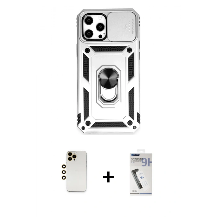 MARSİLYAN™- iPhone 12 Pro Max Kılıf Ahenk Klasik - Şeffaf Uv Polymer Nano Ekran Koruyucu + Gold Shine Kamera Lens