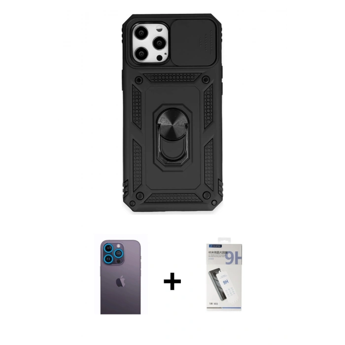 MARSİLYAN™- iPhone 12 Pro Max Kılıf Ahenk Klasik - Şeffaf Uv Polymer Nano Ekran Koruyucu + Mavi Neon Fosforlu Kamera Lens