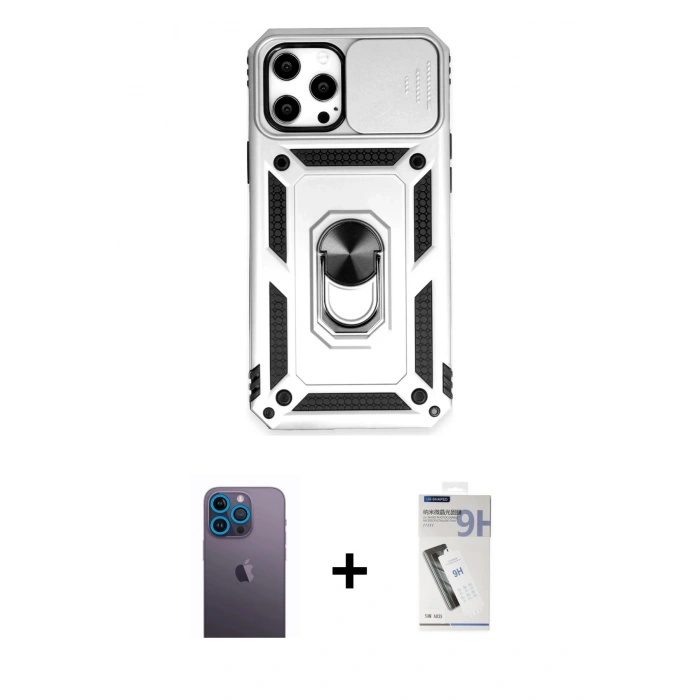 MARSİLYAN™- iPhone 12 Pro Max Kılıf Ahenk Klasik - Şeffaf Uv Polymer Nano Ekran Koruyucu + Mavi Neon Fosforlu Kamera Lens