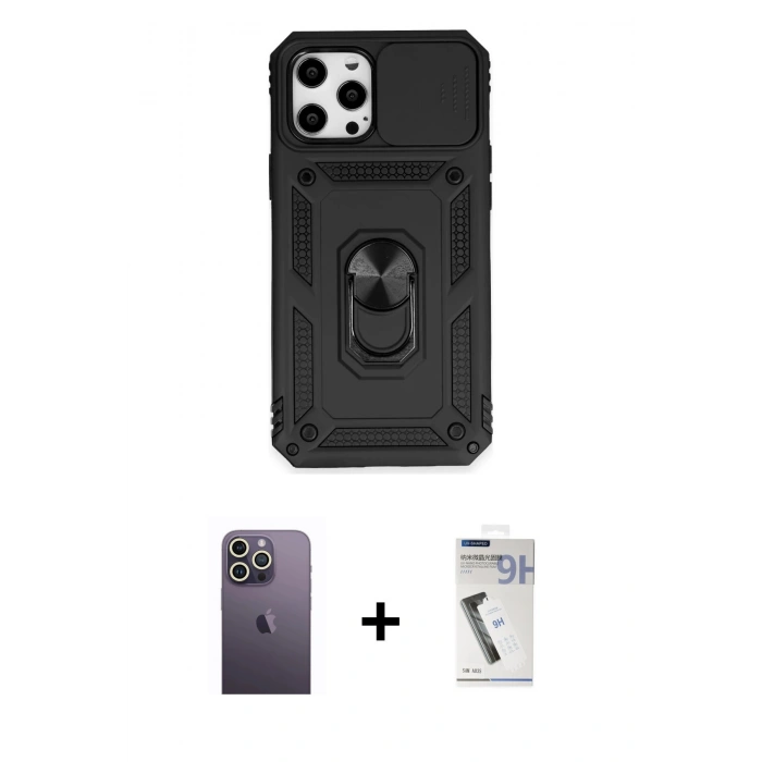 MARSİLYAN™- iPhone 12 Pro Max Kılıf Ahenk Klasik - Şeffaf Uv Polymer Nano Ekran Koruyucu + Neon Fosforlu Kamera Lens - BZ