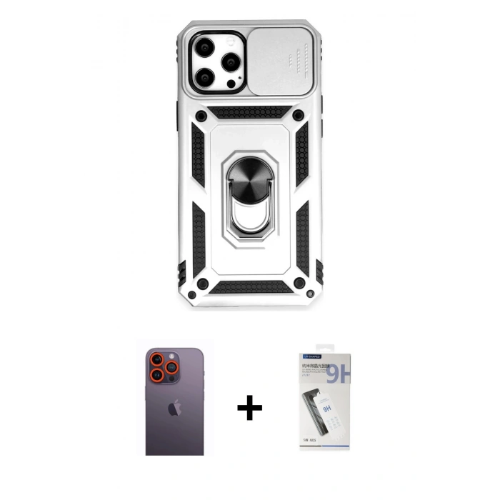 MARSİLYAN™- iPhone 12 Pro Max Kılıf Ahenk Klasik - Şeffaf Uv Polymer Nano Ekran Koruyucu + Neon Fosforlu Kamera Lens - TU