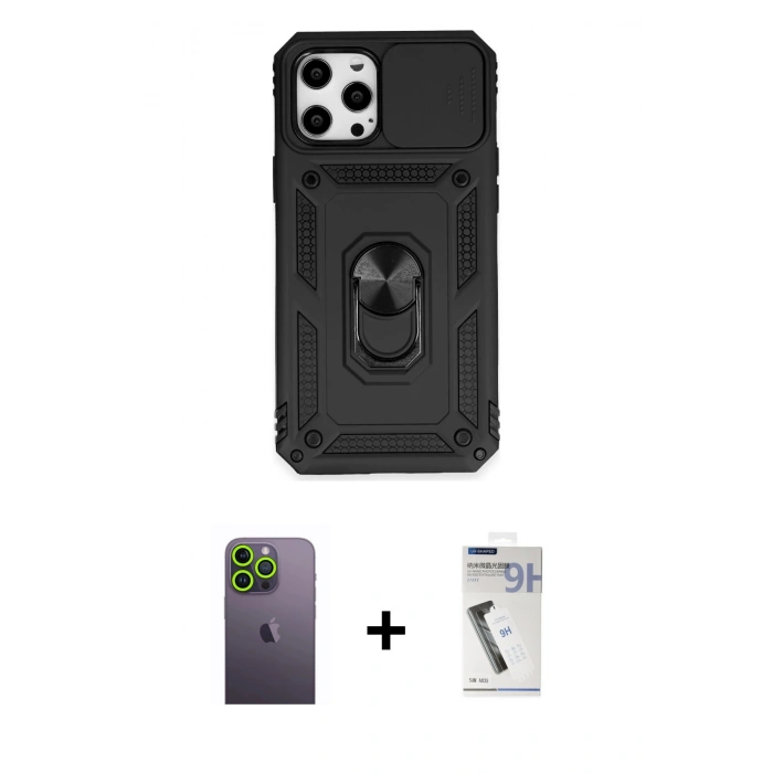 MARSİLYAN™- iPhone 12 Pro Max Kılıf Ahenk Klasik - Şeffaf Uv Polymer Nano Ekran Koruyucu + Neon Fosforlu Kamera Lens - YL