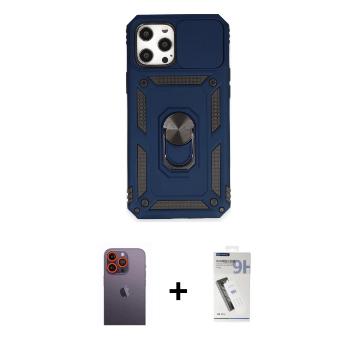 MARSİLYAN™- iPhone 12 Pro Max Kılıf Ahenk Klasik - Şeffaf Uv Polymer Nano Ekran Koruyucu + Neon Fosforlu Kamera Lens - TU