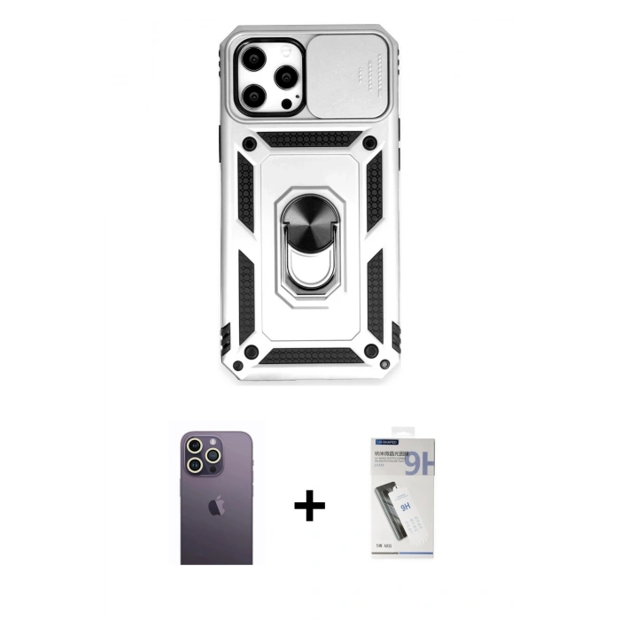 MARSİLYAN™- iPhone 12 Pro Max Kılıf Ahenk Klasik - Şeffaf Uv Polymer Nano Ekran Koruyucu + Neon Fosforlu Kamera Lens - BZ