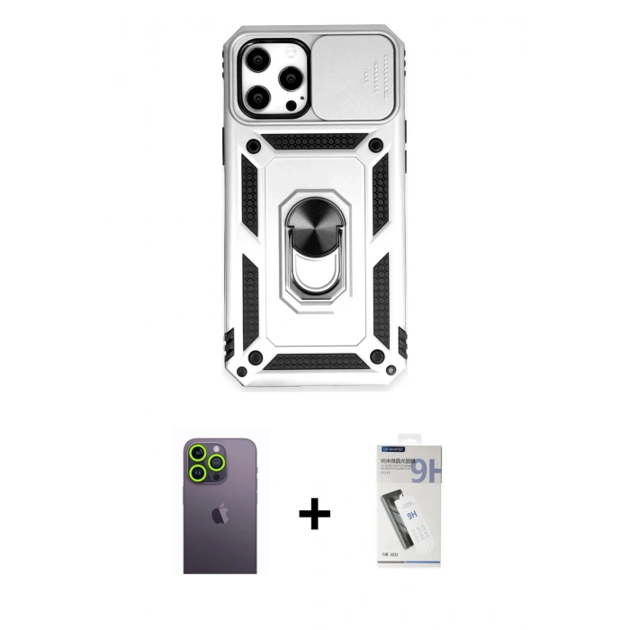 MARSİLYAN™- iPhone 12 Pro Max Kılıf Ahenk Klasik - Şeffaf Uv Polymer Nano Ekran Koruyucu + Neon Fosforlu Kamera Lens - YL