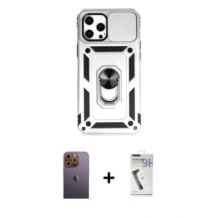 MARSİLYAN™- iPhone 12 Pro Max Kılıf Ahenk Klasik - Şeffaf Uv Polymer Nano Ekran Koruyucu + Neon Fosforlu Kamera Lens - SI