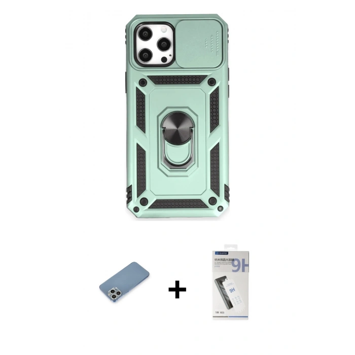 MARSİLYAN™- iPhone 12 Pro Max Kılıf Ahenk Klasik - Şeffaf Uv Polymer Nano Ekran Koruyucu + Shine Kamera Lens Koruma Cam - GS