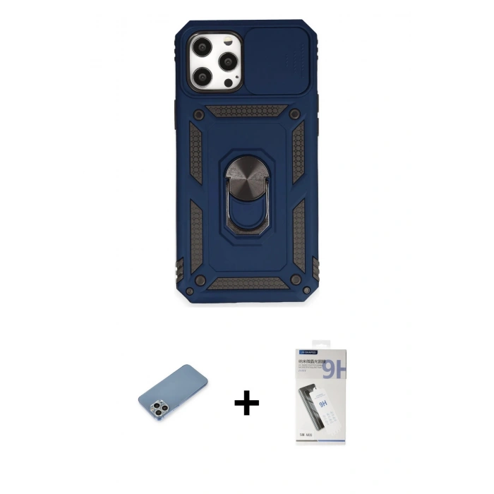 MARSİLYAN™- iPhone 12 Pro Max Kılıf Ahenk Klasik - Şeffaf Uv Polymer Nano Ekran Koruyucu + Shine Kamera Lens Koruma Cam - GS