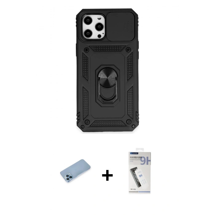 MARSİLYAN™- iPhone 12 Pro Max Kılıf Ahenk Klasik - Şeffaf Uv Polymer Nano Ekran Koruyucu + Shine Kamera Lens Koruma Cam - MI