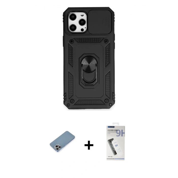 MARSİLYAN™- iPhone 12 Pro Max Kılıf Ahenk Klasik - Şeffaf Uv Polymer Nano Ekran Koruyucu + Shine Kamera Lens Koruma Cam - GI