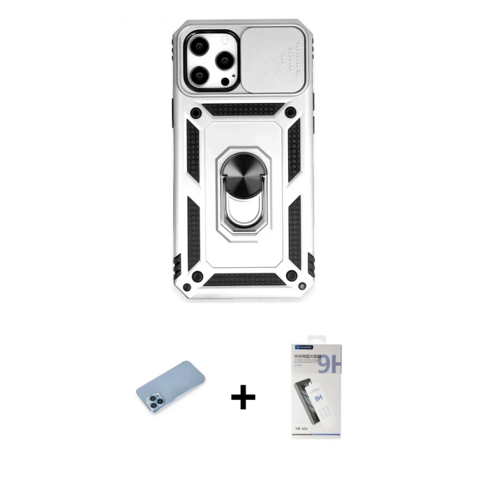 MARSİLYAN™- iPhone 12 Pro Max Kılıf Ahenk Klasik - Şeffaf Uv Polymer Nano Ekran Koruyucu + Shine Kamera Lens Koruma Cam - MI