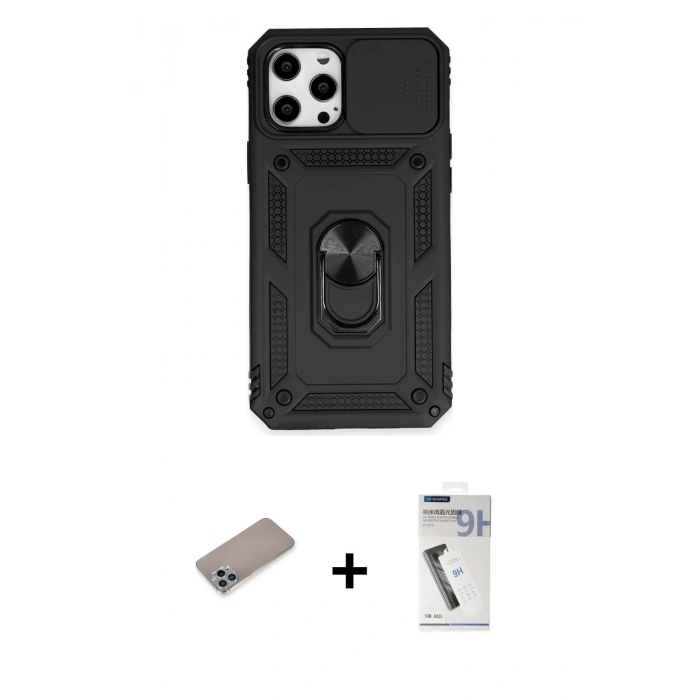 MARSİLYAN™- iPhone 12 Pro Max Kılıf Ahenk Klasik - Şeffaf Uv Polymer Nano Ekran Koruyucu + Shine Kamera Lens Koruma Cam - SABE