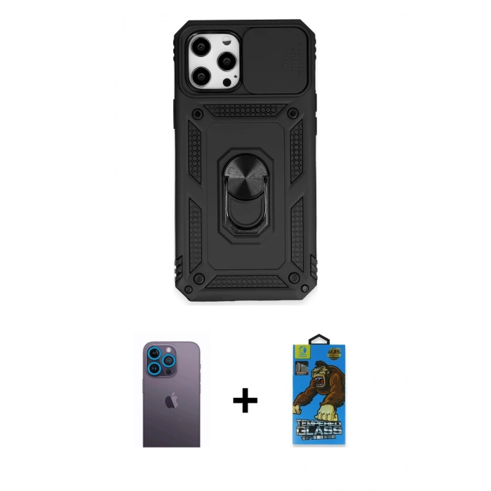 MARSİLYAN™- iPhone 12 Pro Max Kılıf Ahenk Klasik - Siyah 18D Cam Ekran Koruyucu + Neon Fosforlu Kamera Lens - MI