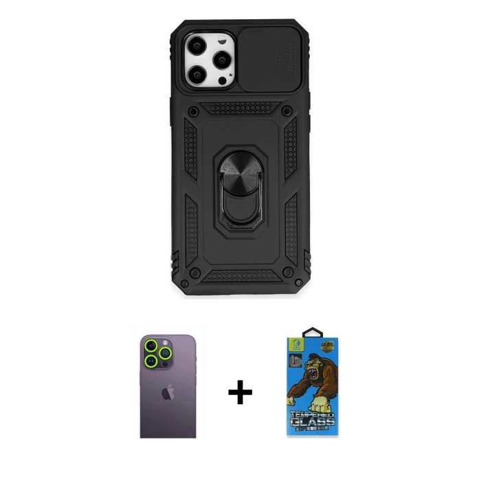 MARSİLYAN™- iPhone 12 Pro Max Kılıf Ahenk Klasik - Siyah 18D Cam Ekran Koruyucu + Neon Fosforlu Kamera Lens - YL