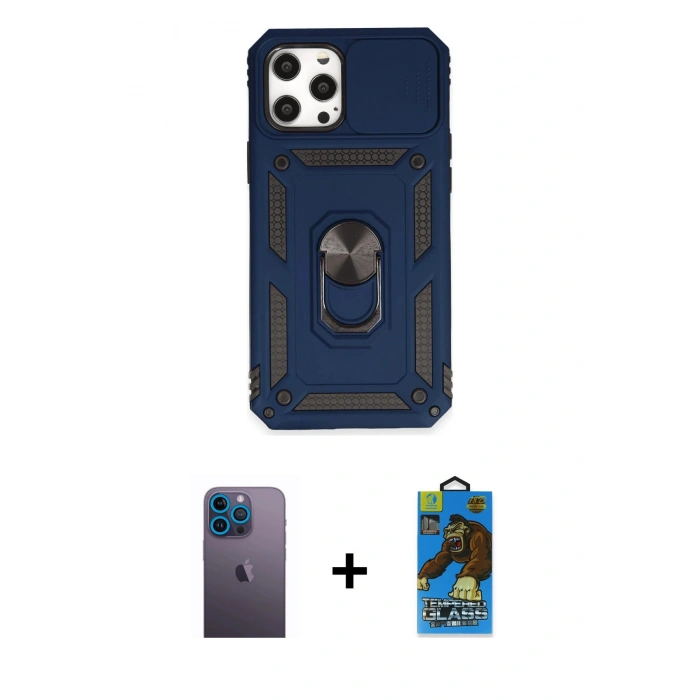 MARSİLYAN™- iPhone 12 Pro Max Kılıf Ahenk Klasik - Siyah 18D Cam Ekran Koruyucu + Neon Fosforlu Kamera Lens - MI