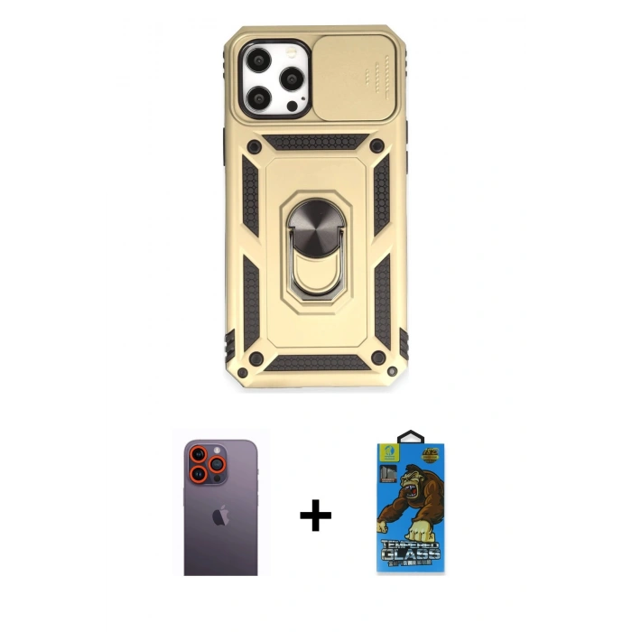 MARSİLYAN™- iPhone 12 Pro Max Kılıf Ahenk Klasik - Siyah 18D Cam Ekran Koruyucu + Neon Fosforlu Kamera Lens - TU