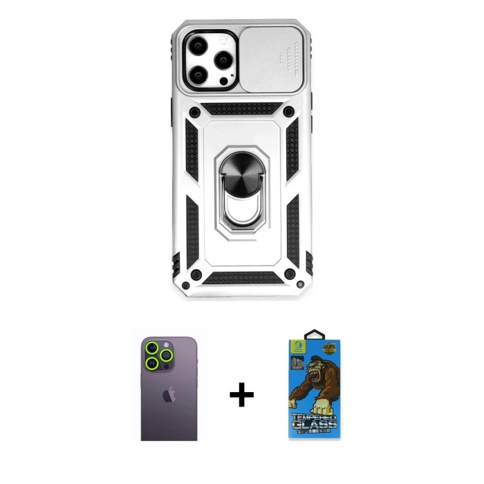 MARSİLYAN™- iPhone 12 Pro Max Kılıf Ahenk Klasik - Siyah 18D Cam Ekran Koruyucu + Neon Fosforlu Kamera Lens - YL