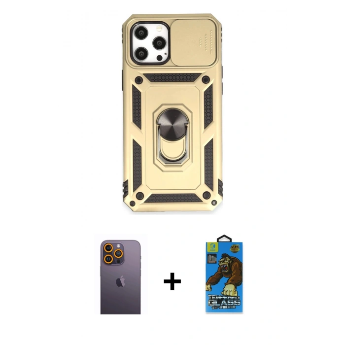 MARSİLYAN™- iPhone 12 Pro Max Kılıf Ahenk Klasik - Siyah 18D Cam Ekran Koruyucu + Neon Fosforlu Kamera Lens - SI