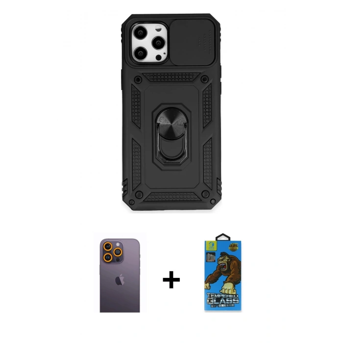 MARSİLYAN™- iPhone 12 Pro Max Kılıf Ahenk Klasik - Siyah 18D Cam Ekran Koruyucu + Neon Fosforlu Kamera Lens - SI