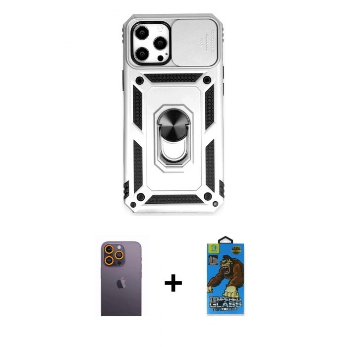 MARSİLYAN™- iPhone 12 Pro Max Kılıf Ahenk Klasik - Siyah 18D Cam Ekran Koruyucu + Neon Fosforlu Kamera Lens - SI
