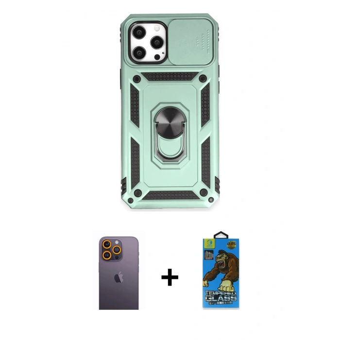 MARSİLYAN™- iPhone 12 Pro Max Kılıf Ahenk Klasik - Siyah 18D Cam Ekran Koruyucu + Neon Fosforlu Kamera Lens - SI